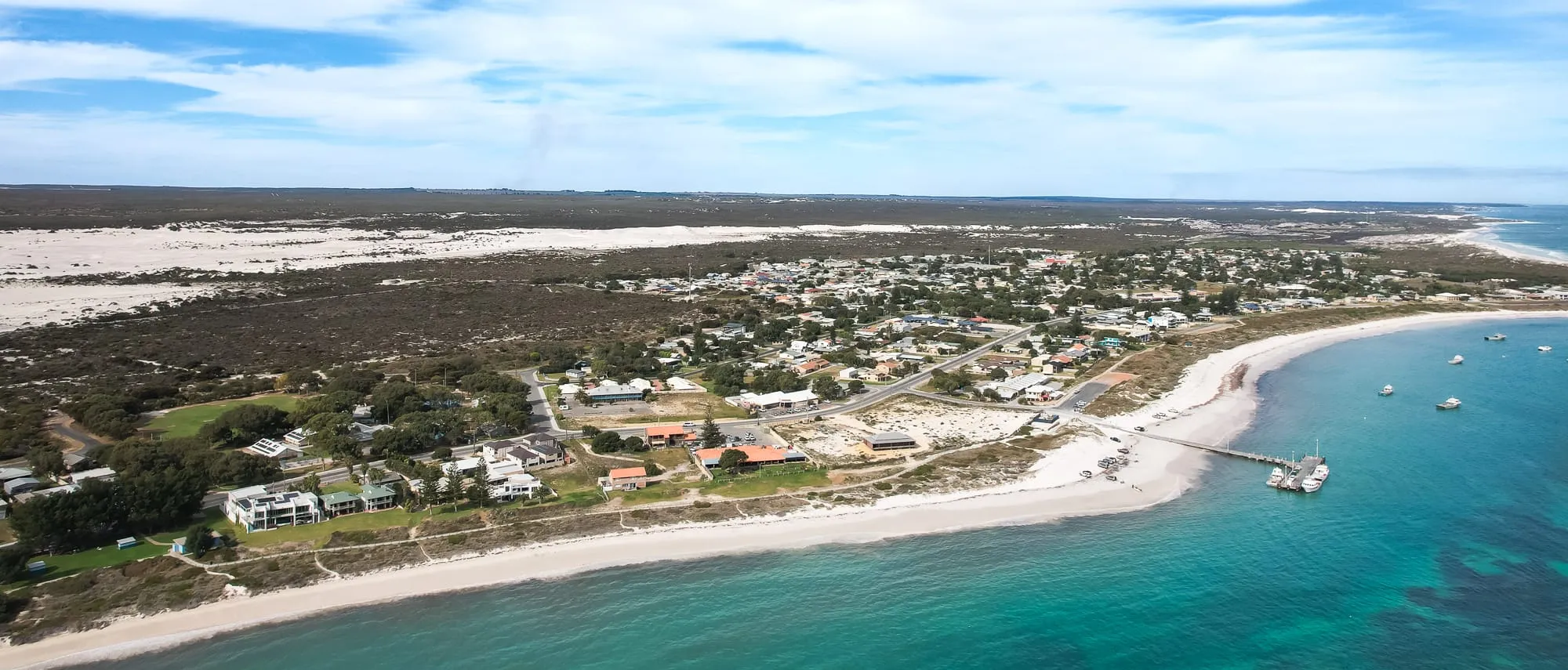 The coastal town of Lancelin on WA's Turquoise Coast, framed by its famous white sand dunes.